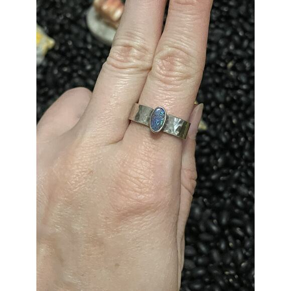 Native American Sterling Silver Blue Australian Opal Ring Stacker 8.5 Hammered